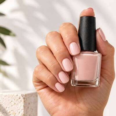hand with polished nails holding a polish bottle